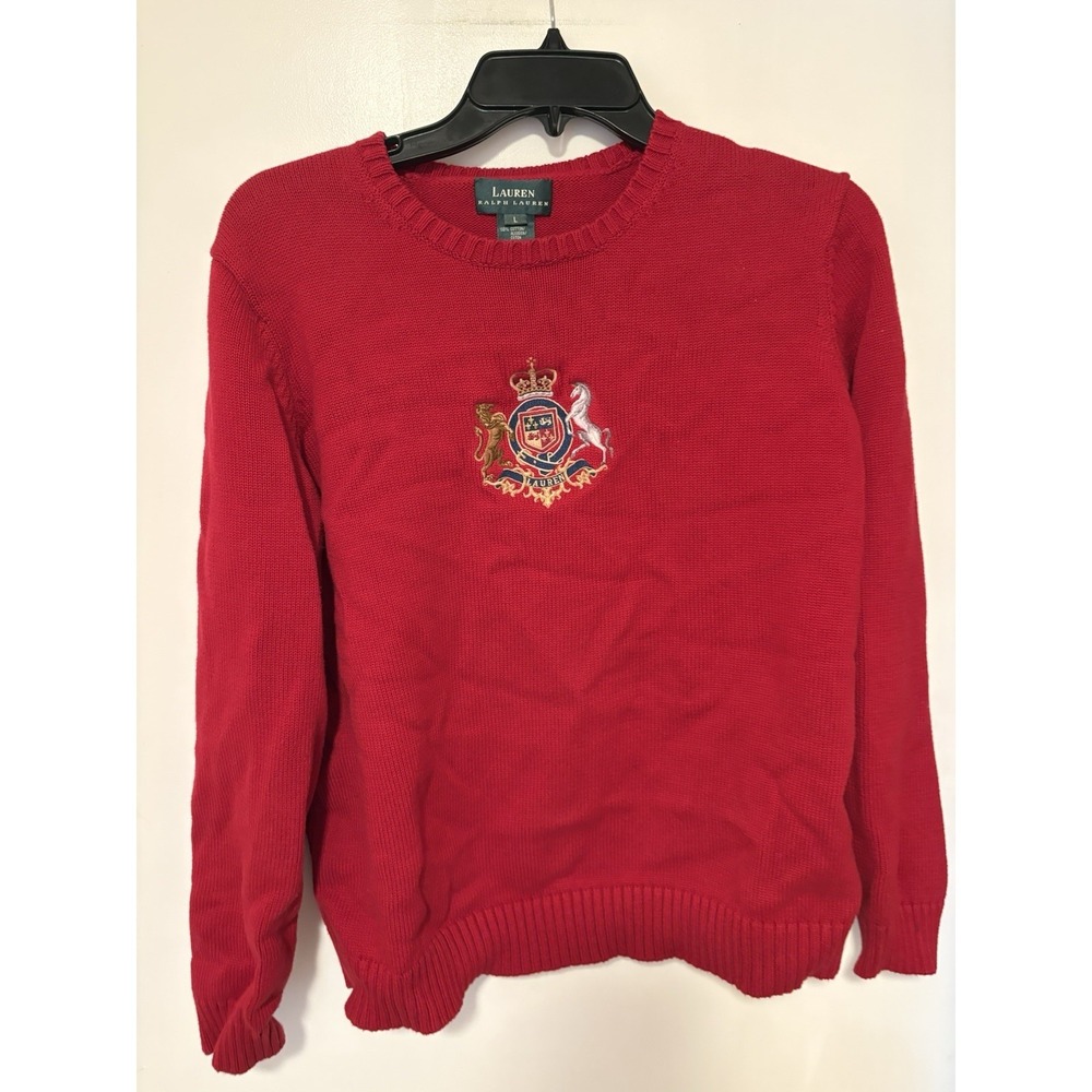 Lauren Ralph Lauren Women's Red Cotton Cable Knit Sweater With Crest Size Large
